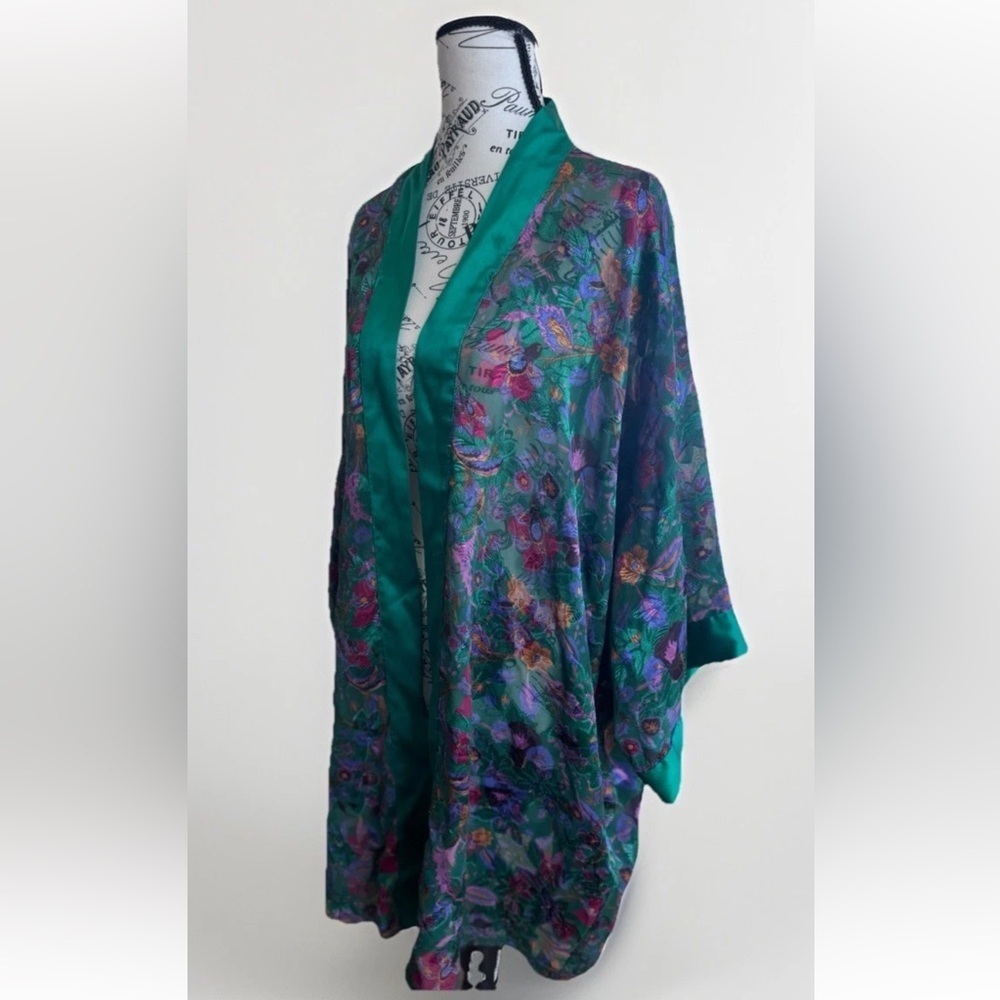 Vintage 90s Victoria's Secret Gold Label Green Floral Satin Sheer Kimono Robe OS - Picture 3 of 6
